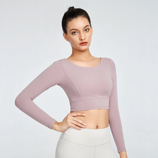 Long Sleeve Yoga Wear Tight T-shirt with Chest Pad